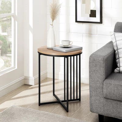 Modern Metal Bar Round Side Table Coastal Oak/Black Saracina Home
