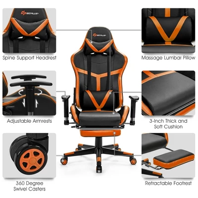 Costway Gaming Chair Reclining Racing Chair With Massage Lumbar Support &Footrest Orange - Image 8