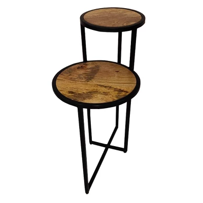 Two Tier Round Wooden Side Table With Metal Frame Brown/Brass - The Urban Port - Image 3