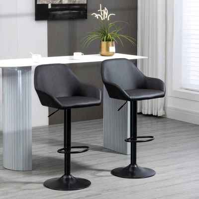 HOMCOM Adjustable Bar Stools Set Of 2, Swivel Barstools With Footrest And Back, PU Leather And Steel Round Base, For Kitchen Counter, Black - Image 2