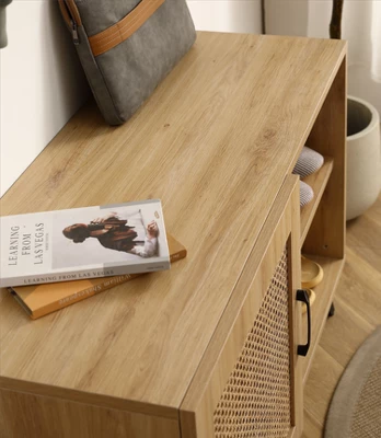 Freya 24.4" Height Shoe Rack Multifunctional 2-Tier Organizer And 1 Storage Rattan Mesh Cabinet For 6 Pairs Shoes-Maison Boucle - Image 3