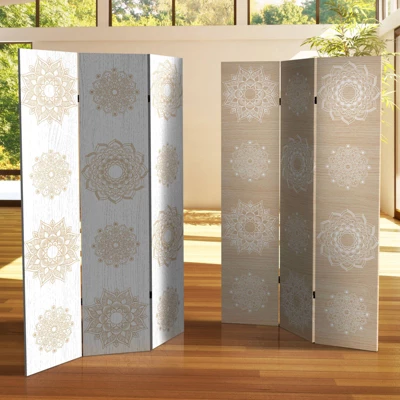 6" Double Sided Mandala On Birch Canvas Room Divider Beige - Oriental Furniture - Image 4