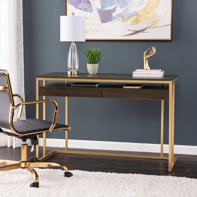 Quinal Writing Desk With Storage Brown/Gold - Aiden Lane - Image 3