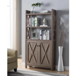 FC Design Wooden Display Bookshelf With Three Top Shelves And Storage Cabinet With Three Interior Shelves In Dark Taupe Finish