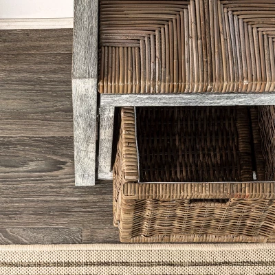 Happimess Rustic 43.3" 3 Drawer Wicker Storage Bench, Gray - Image 5