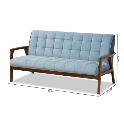 Asta Velvet Upholstered Wood Sofa Light Blue/Walnut - Baxton Studio - Image 8