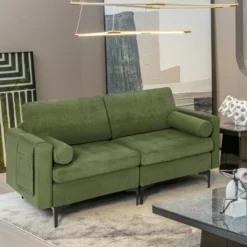 Costway Modern Loveseat 2-Seat Sofa Couch W/ 2 Bolsters & Side Storage Pocket Army Green