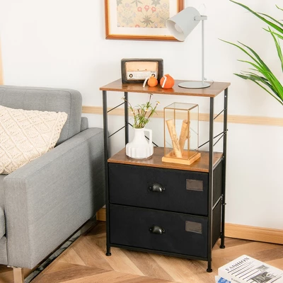 Costway 2 Drawer Dresser W/Shelf Storage Tower Nightstand End Table Chest Black - Image 2