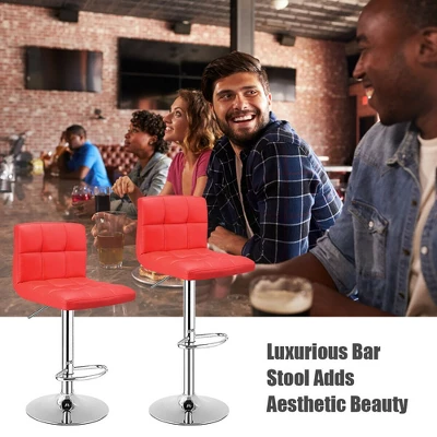 Costway Set Of 2 Bar Stools Adjustable Swivel Kitchen Counter Bar Chair PU Leather Red Full Back - Image 4