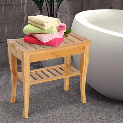 HOMCOM Long Bamboo Shower Bench Seat, 20" Wooden Spa Shower Stool With Underneath Storage Shelf Shoe Organizer