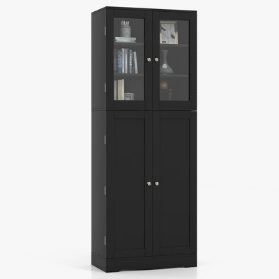Costway Tall Storage Cabinet Kitchen Pantry Cupboard With Tempered Glass Doors & Shelves Black/White - Image 8