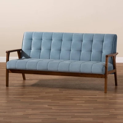 Asta Velvet Upholstered Wood Sofa Light Blue/Walnut - Baxton Studio - Image 7