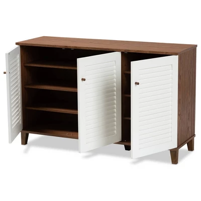 Coolidge 8 Shelf Wood Shoe Cabinet White/Walnut - Baxton Studio