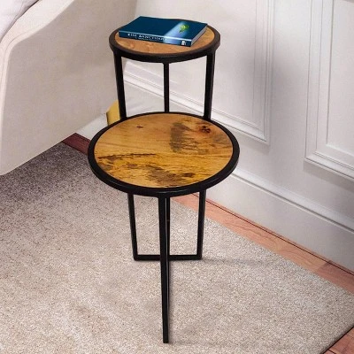 Two Tier Round Wooden Side Table With Metal Frame Brown/Brass - The Urban Port - Image 6
