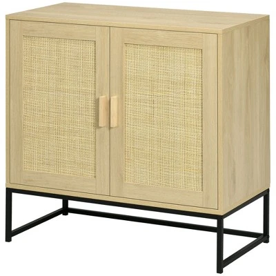 HOMCOM Accent Cabinet, Sideboard Buffet Cabinet With Rattan Doors, Adjustable Shelf And Metal Base, Boho Storage Cabinet, Natural - Image 3