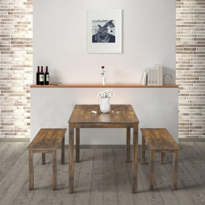 3pcs Dining Set Modern Studio Collection Table With 2 Benches Wood Legs Coffee - Image 2