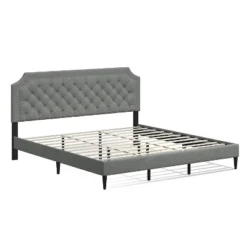 Glenwillow Home Curta Upholstered Platform Bed, Clipped Nailhead Trim With Button Tufting, Mattress Foundation, No Box Spring Needed, Stone, King