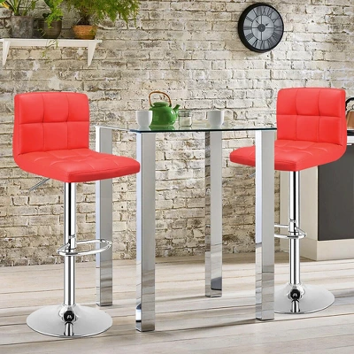 Costway Set Of 2 Bar Stools Adjustable Swivel Kitchen Counter Bar Chair PU Leather Red Full Back - Image 2
