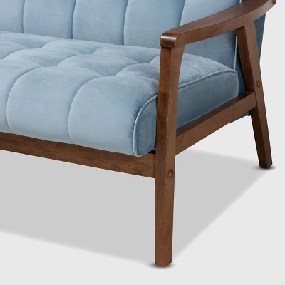 Asta Velvet Upholstered Wood Sofa Light Blue/Walnut - Baxton Studio - Image 5