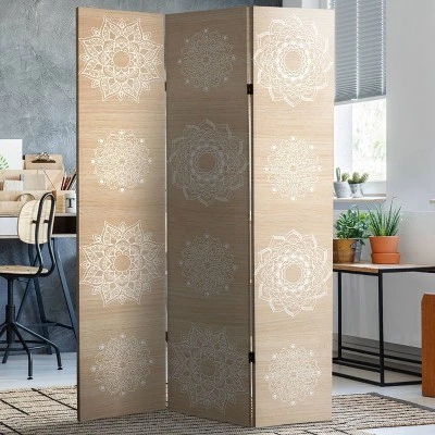 6" Double Sided Mandala On Birch Canvas Room Divider Beige - Oriental Furniture - Image 5