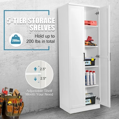 Costway 70'' Storage Cabinet Freestanding Pantry Cabinet W/2 Doors & 5 Shelves White - Image 5