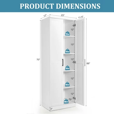 Costway 70'' Storage Cabinet Freestanding Pantry Cabinet W/2 Doors & 5 Shelves White - Image 2