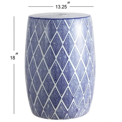 Moroccan Diamonds 18" Ceramic Drum Garden Stool, Blue/White - JONATHAN Y - Image 2