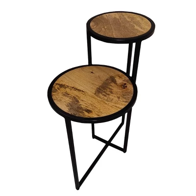 Two Tier Round Wooden Side Table With Metal Frame Brown/Brass - The Urban Port - Image 2