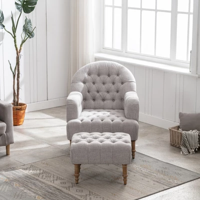 Mid Century Button-Tufted Upholstered Accent Chair Set With Linen Fabric And Ottoman-ModernLuxe