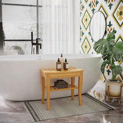 HOMCOM Long Bamboo Shower Bench Seat, 20" Wooden Spa Shower Stool With Underneath Storage Shelf Shoe Organizer - Image 2