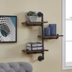 31.1" X 24.2" 3 Tier Industrial Pipe Wall Shelf Brown/Black - Danya B.