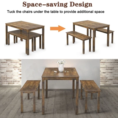 3pcs Dining Set Modern Studio Collection Table With 2 Benches Wood Legs Coffee - Image 5