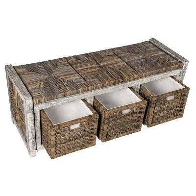 Happimess Rustic 43.3" 3 Drawer Wicker Storage Bench, Gray - Image 3