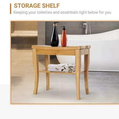 HOMCOM Long Bamboo Shower Bench Seat, 20" Wooden Spa Shower Stool With Underneath Storage Shelf Shoe Organizer - Image 4