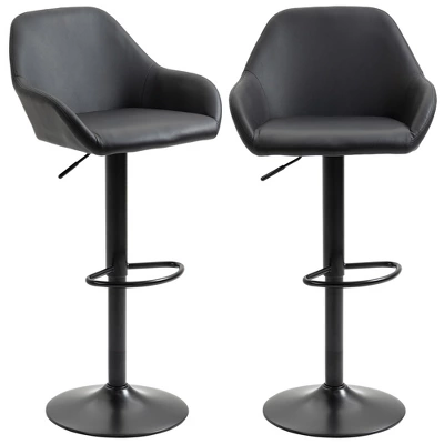 HOMCOM Adjustable Bar Stools Set Of 2, Swivel Barstools With Footrest And Back, PU Leather And Steel Round Base, For Kitchen Counter, Black - Image 3