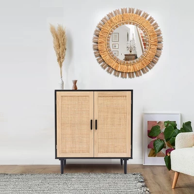 LuxenHome Black And Brown Wood 2-Door Storage Cabinet.