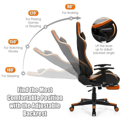 Costway Gaming Chair Reclining Racing Chair With Massage Lumbar Support &Footrest Orange - Image 5