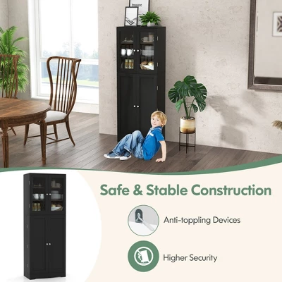 Costway Tall Storage Cabinet Kitchen Pantry Cupboard With Tempered Glass Doors & Shelves Black/White - Image 6