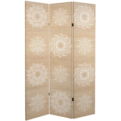 6" Double Sided Mandala On Birch Canvas Room Divider Beige - Oriental Furniture
